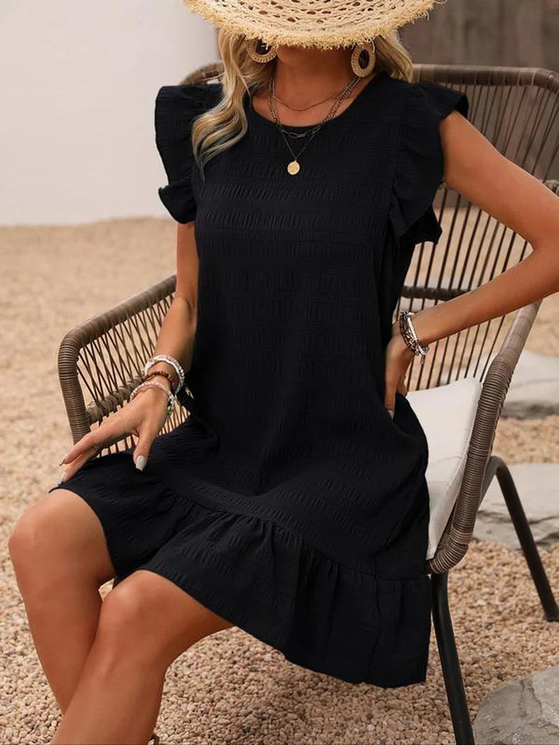 Women'S Plain Ruffle Trim Cut Out Smock Dress, Boho Textured Butterfly Sleeve round Neck Short Dress for Summer, Ladies Clothes for Beach Holiday